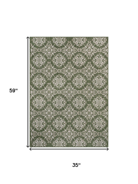 3' X 5' Green And Cream Floral Indoor Outdoor Area Rug