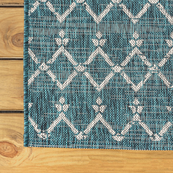 8' Teal Blue And Gray Trellis Indoor Outdoor Runner Rug