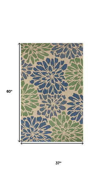 3' X 5' Navy Blue And Green Floral Indoor Outdoor Area Rug