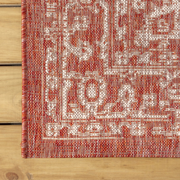 8' Red And Taupe Square Medallion Indoor Outdoor Area Rug