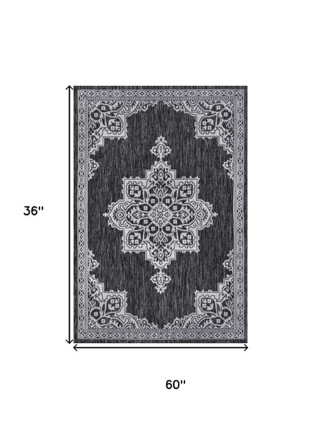 4' X 6' Dark Gray And Cream Medallion Indoor Outdoor Area Rug