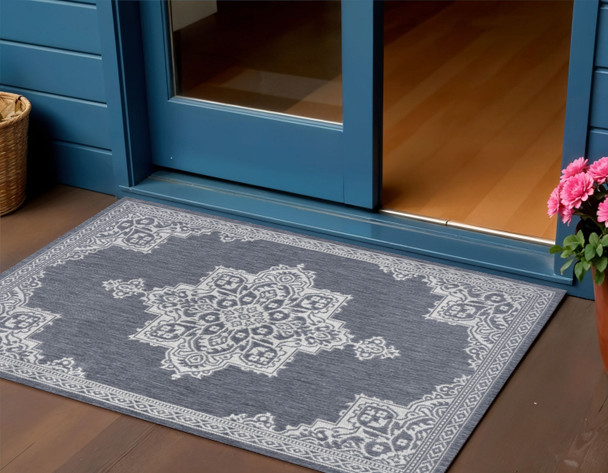 3' X 5' Blue And Cream Medallion Indoor Outdoor Area Rug