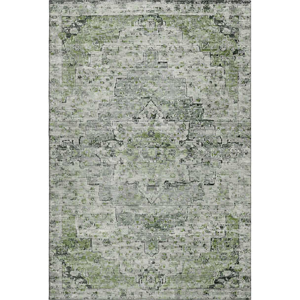 9' X 12' Artichoke Green And Gray Floral Medallion Washable Area Rug With UV Protection