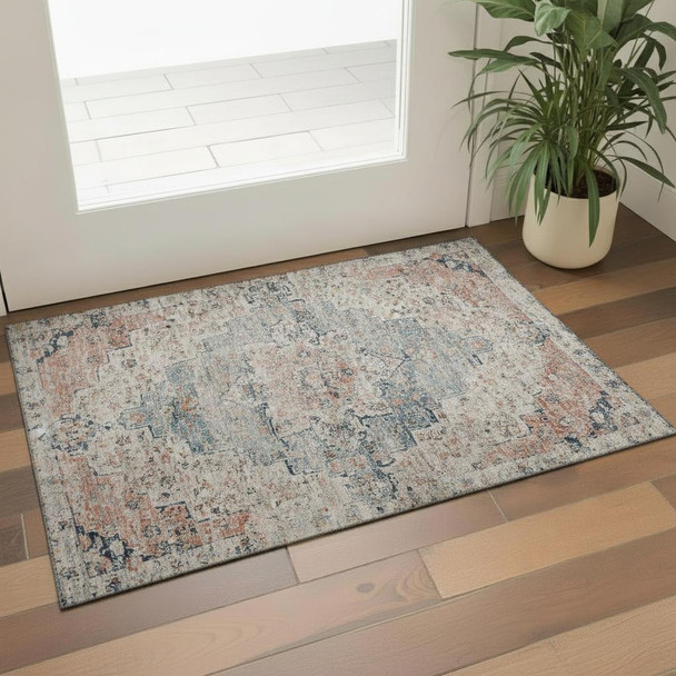 3' X 5' Beige Blue And Coral Floral Medallion Washable Area Rug With UV Protection