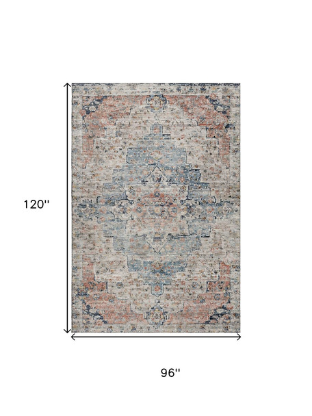 8' X 10' Beige Blue And Coral Floral Medallion Washable Area Rug With UV Protection