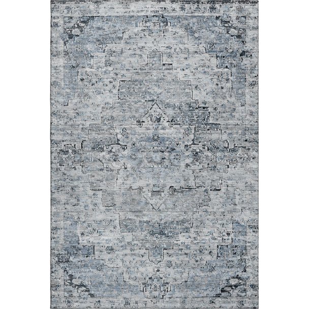 9' X 12' Sky Blue And Ivory Floral Medallion Washable Area Rug With UV Protection