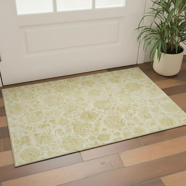 3' X 5' Gold And Beige Damask Washable Area Rug With UV Protection