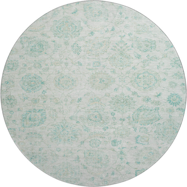 8' Turquoise And Beige Damask Washable Round Rug With UV Protection