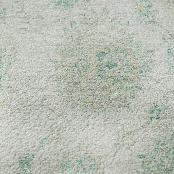 9' X 12' Turquoise And Beige Damask Washable Area Rug With UV Protection