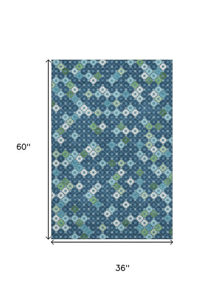 3' X 5' Navy Blue Ivory And Green Geometric Washable Area Rug With UV Protection