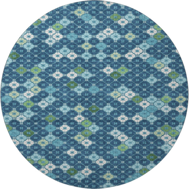8' Navy Blue Ivory And Green Geometric Washable Round Rug With UV Protection