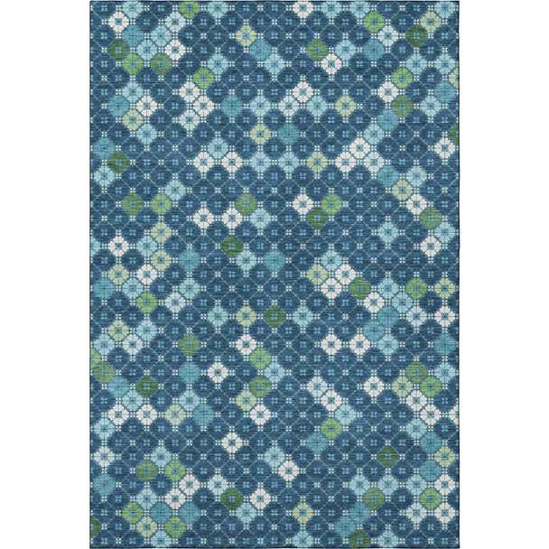 9' X 12' Navy Blue Ivory And Green Geometric Washable Area Rug With UV Protection