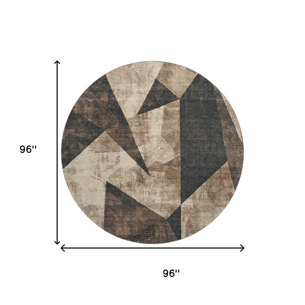 8' Coffee And Beige Abstract Geometric Washable Round Rug With UV Protection