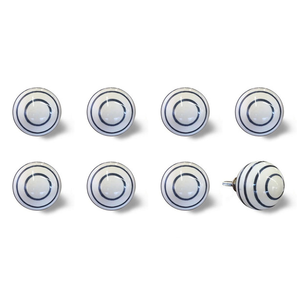 Set of Eight White And Navy Blue Geo Lines Ceramic Drawer Pull Knobs
