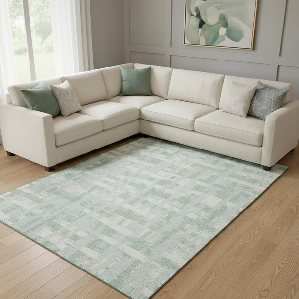 8' X 10' Mint Green And Ivory Striped Washable Area Rug With UV Protection