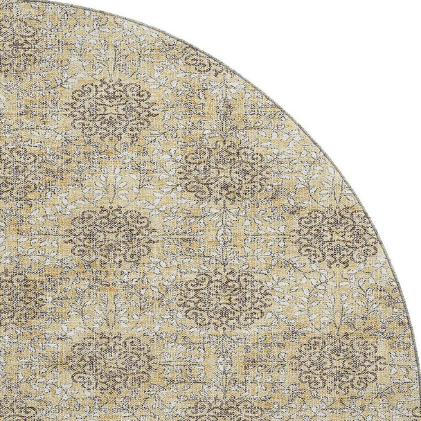 8' Gold And Taupe Damask Washable Round Rug With UV Protection