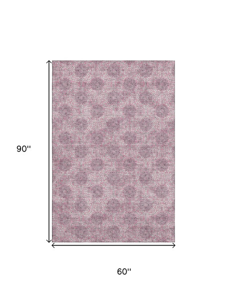 5' X 8' Pink And Gray Damask Washable Area Rug With UV Protection