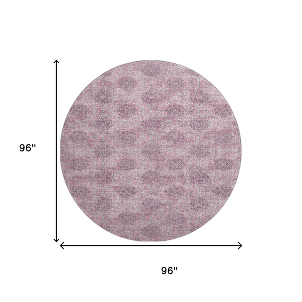 8' Pink And Gray Damask Washable Round Rug With UV Protection