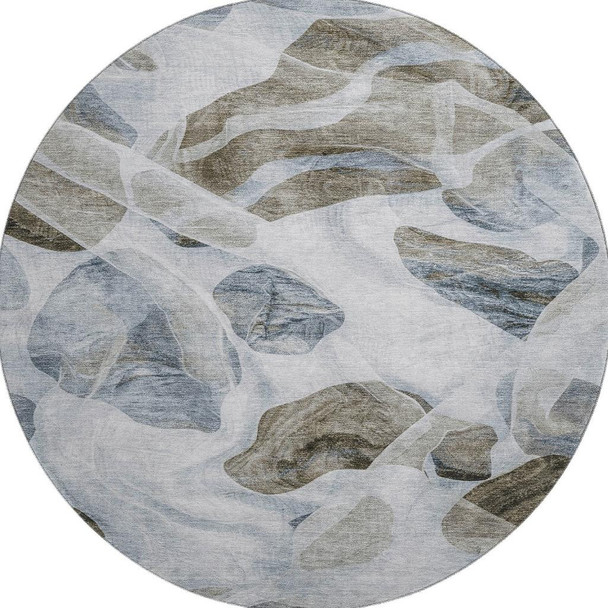 8' Sky Blue And Brown Abstract Washable Round Rug With UV Protection