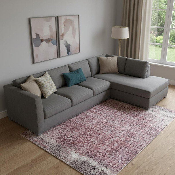 9' X 12' Blush Purple And Gray Floral Washable Area Rug With UV Protection