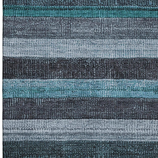 3' X 5' Teal And Gray Striped Washable Area Rug With UV Protection