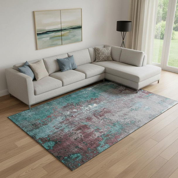 9' X 12' Turquoise And Merlot Abstract Washable Area Rug With UV Protection
