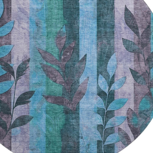 8' Denim Blue And Lavender Floral Washable Round Rug With UV Protection