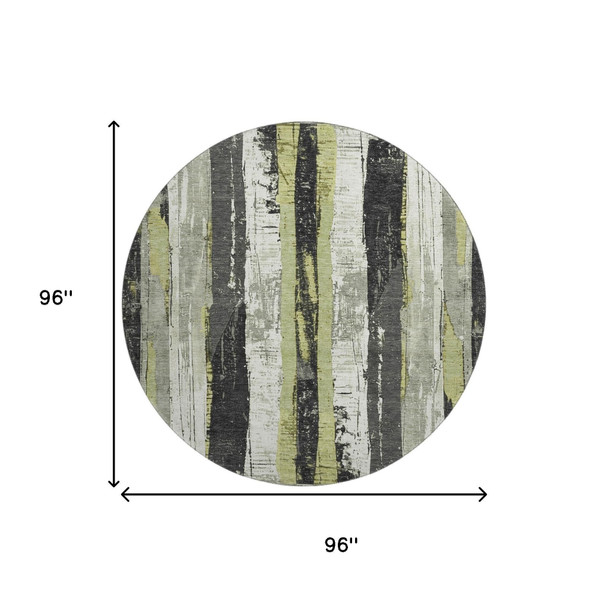 8' Artichoke Green And Gray Striped Washable Round Rug With UV Protection
