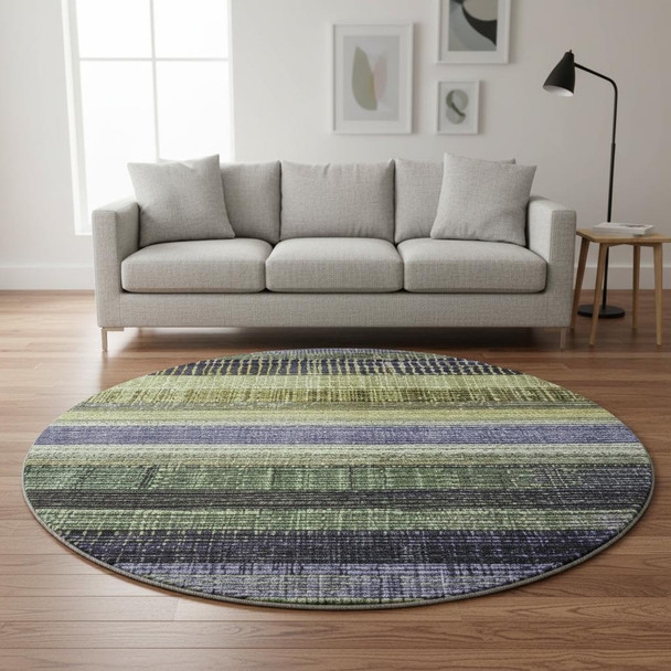 8' Artichoke Green And Purple Striped Washable Round Rug With UV Protection