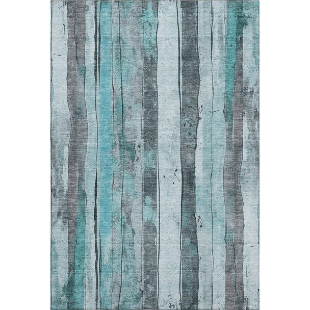8' X 10' Teal And Gray Striped Washable Area Rug With UV Protection
