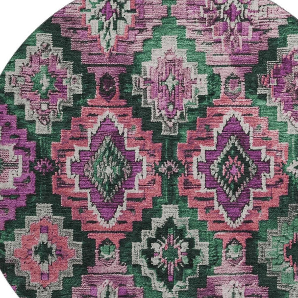 8' Blush Green And Ivory Ikat Washable Round Rug With UV Protection