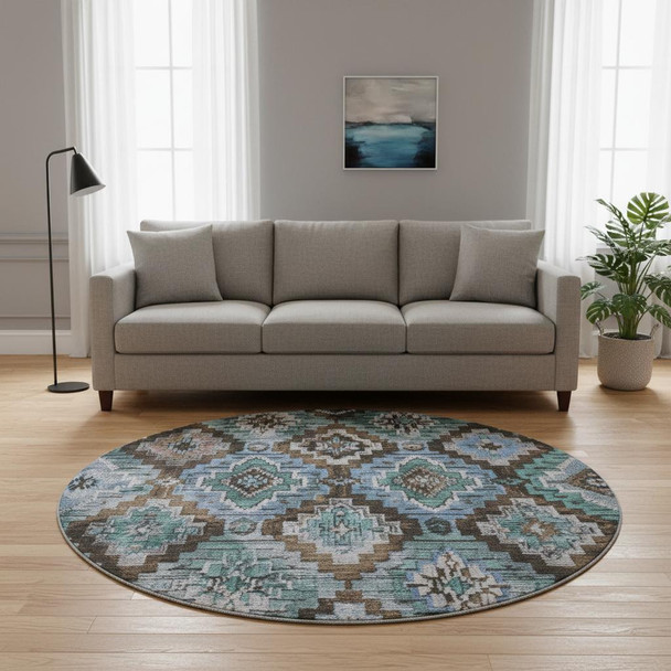 8' Brown And Blue Ikat Washable Round Rug With UV Protection