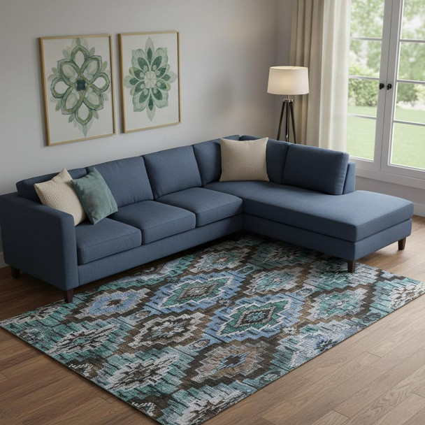9' X 12' Brown And Blue Ikat Washable Area Rug With UV Protection