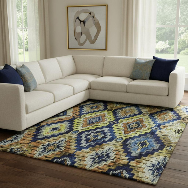8' X 10' Navy Blue Gold And Beige Ikat Washable Area Rug With UV Protection