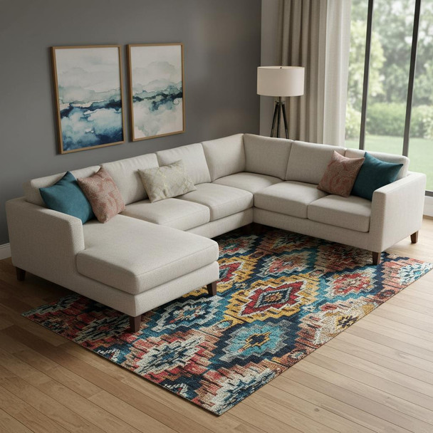 9' X 12' Rust Blue And Coral Ikat Washable Area Rug With UV Protection