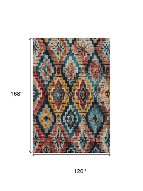 10' X 14' Rust Blue And Coral Ikat Washable Area Rug With UV Protection