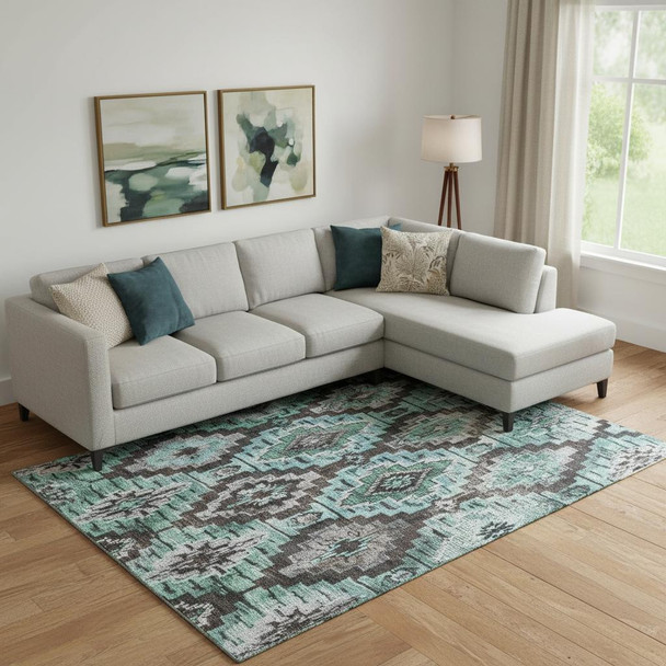 10' X 14' Teal Charcoal And Ivory Ikat Washable Area Rug With UV Protection