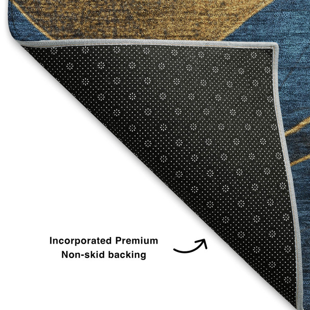 5' X 8' Blue And Gold Abstract Washable Area Rug With UV Protection