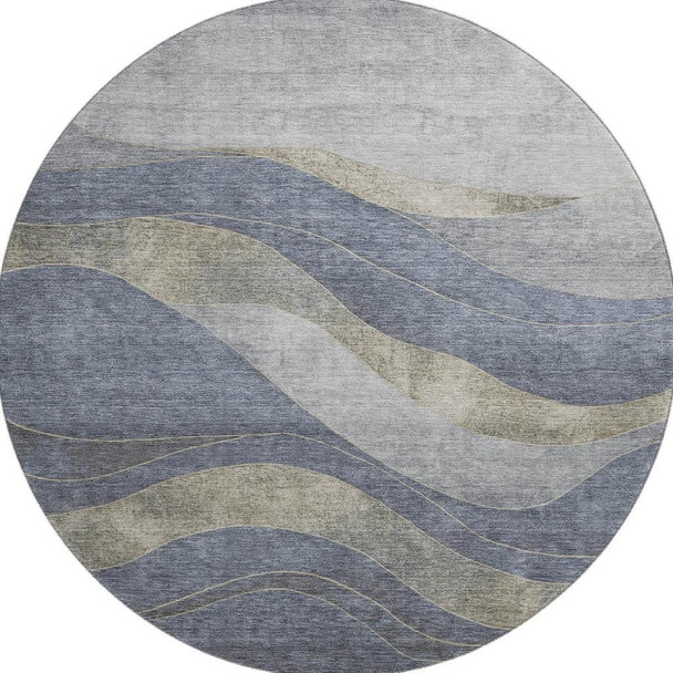 8' Denim Blue And Gray Abstract Washable Round Rug With UV Protection