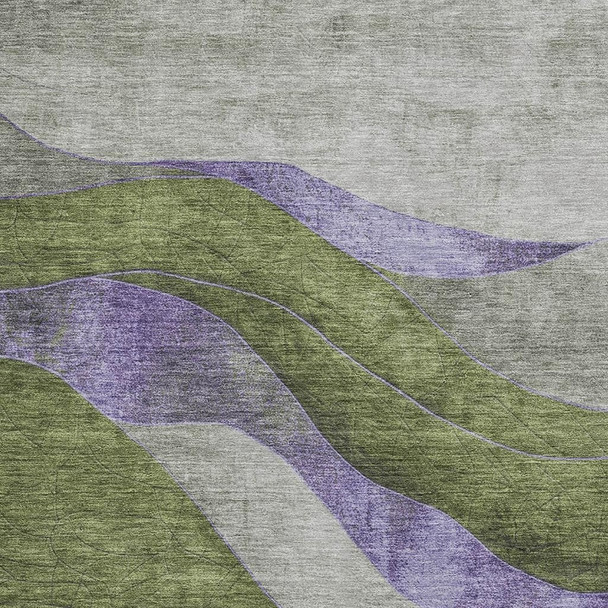 10' X 14' Olive Green And Purple Abstract Washable Area Rug With UV Protection