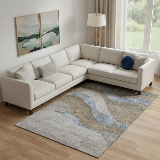 10' X 14' Taupe And Blue Abstract Washable Area Rug With UV Protection
