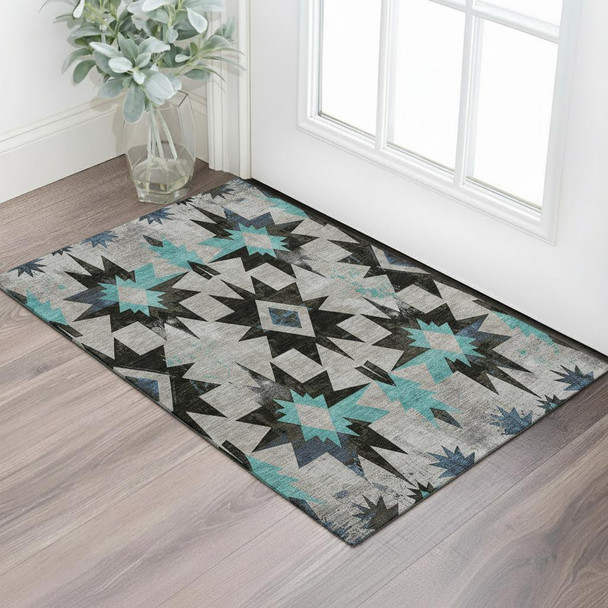 3' X 5' Black Gray And Blue Diamond Washable Area Rug With UV Protection