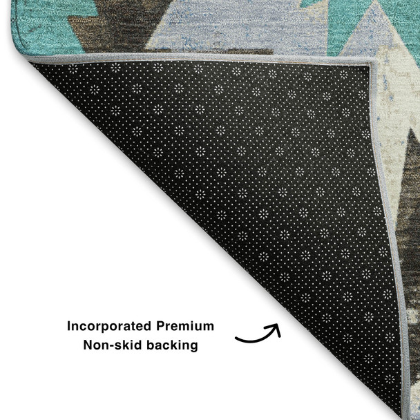 9' X 12' Brown Blue And Ivory Diamond Washable Area Rug With UV Protection
