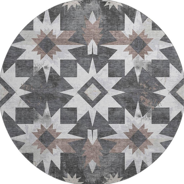 8' Graphite Brown And Ivory Diamond Washable Round Rug With UV Protection