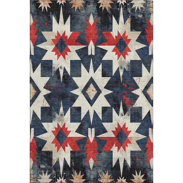 10' X 14' Navy Blue Red And Ivory Diamond Washable Area Rug With UV Protection