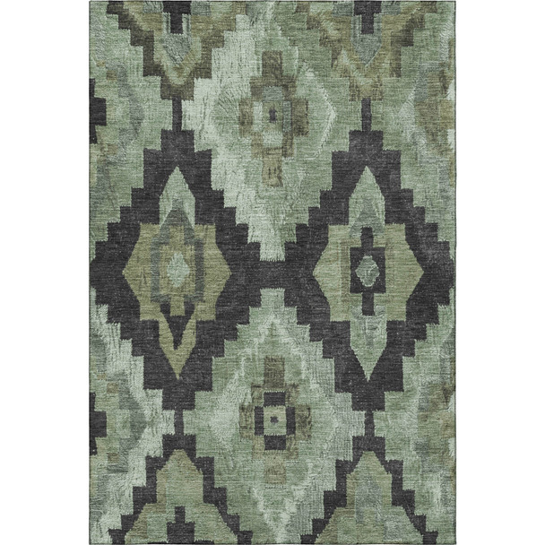 5' X 8' Artichoke Green And Gray Ikat Washable Area Rug With UV Protection