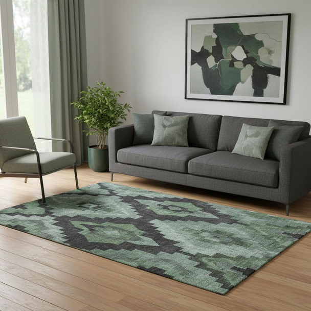 5' X 8' Green And Gray Ikat Washable Area Rug With UV Protection