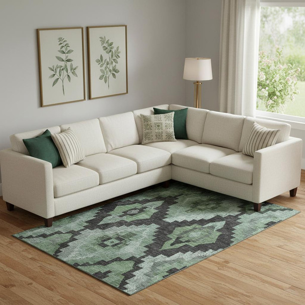 10' X 14' Green And Gray Ikat Washable Area Rug With UV Protection
