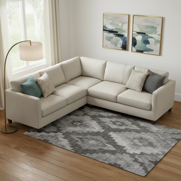 10' X 14' Gray And Silver Ikat Washable Area Rug With UV Protection
