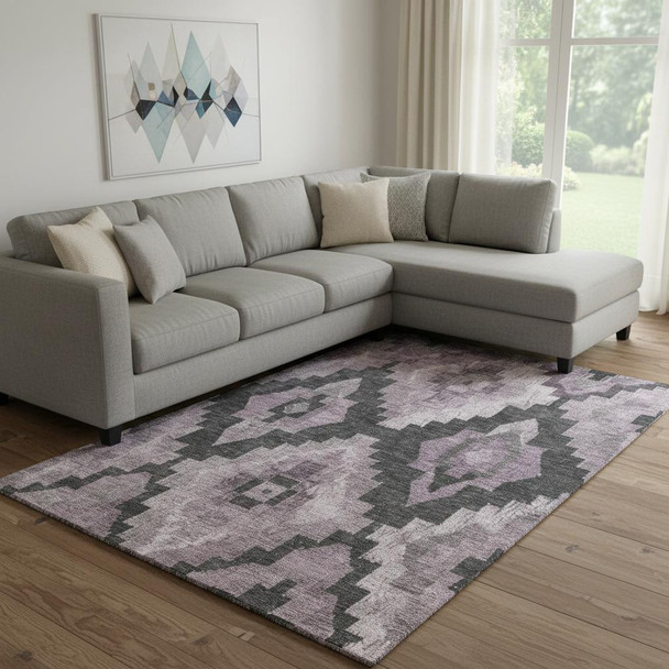 8' X 10' Lavender And Gray Ikat Washable Area Rug With UV Protection